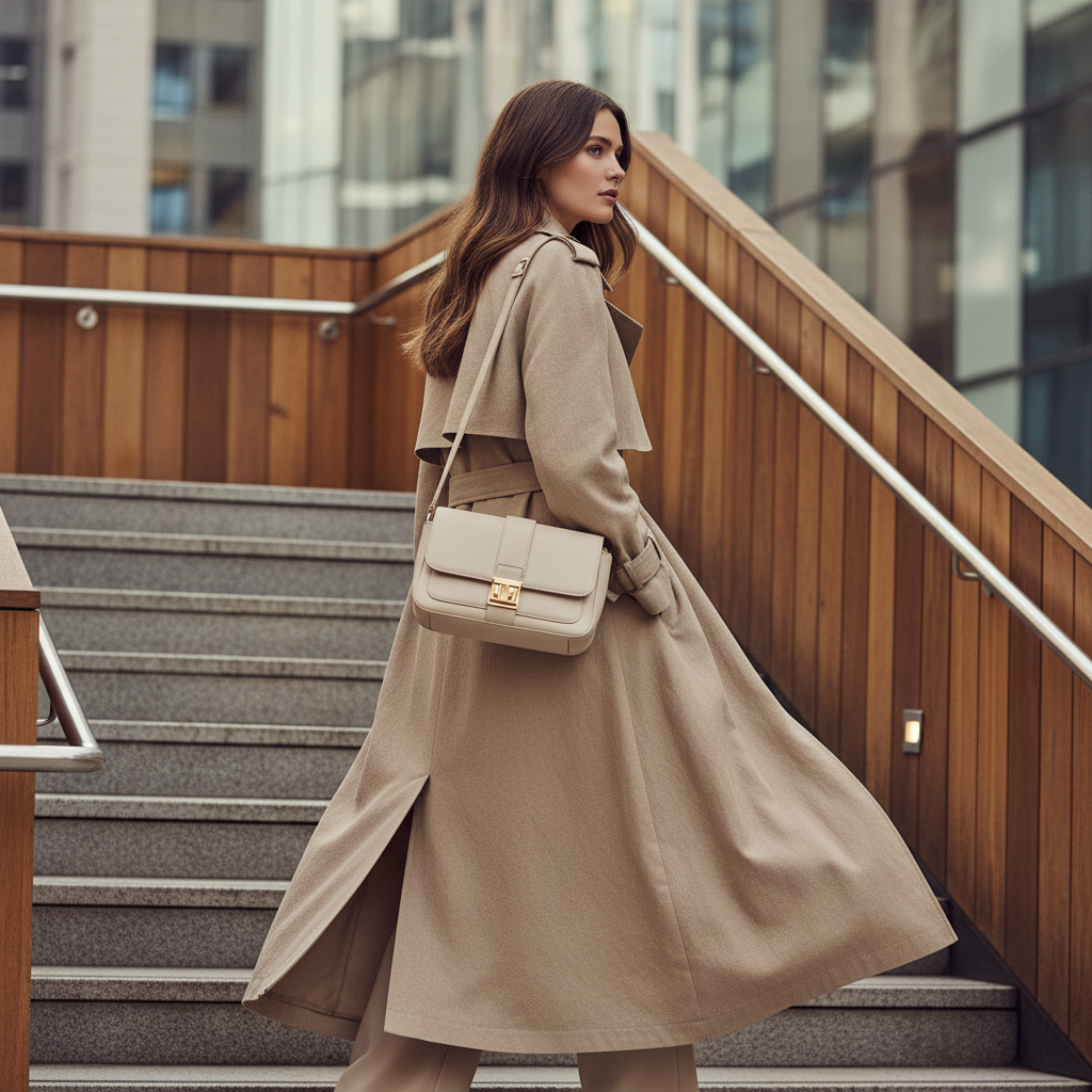 Beige Trench Coat & Cream Handbag Campaign