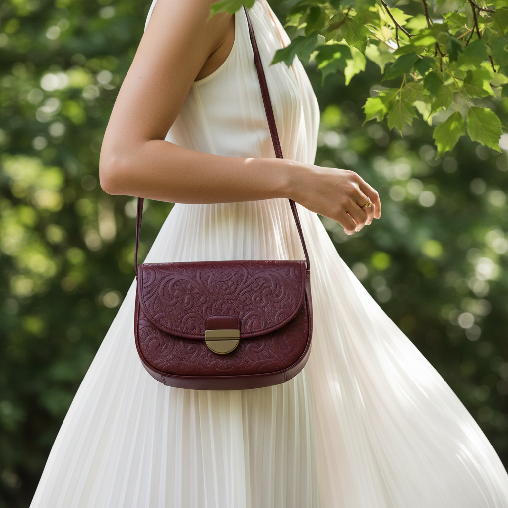 Burgundy Bag White Dress