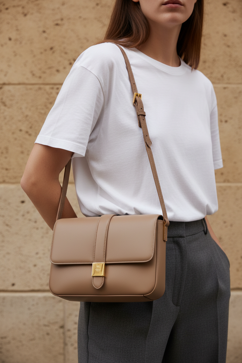 Close-up Taupe Bag on White T-shirt