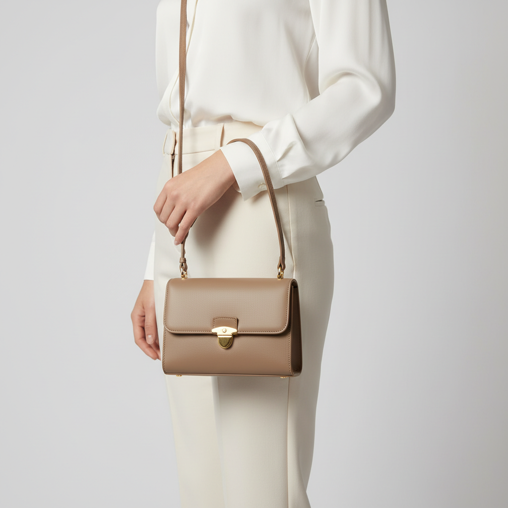 Luna Flap Mini Bag in Taupe - Female Model Carrying Bag
