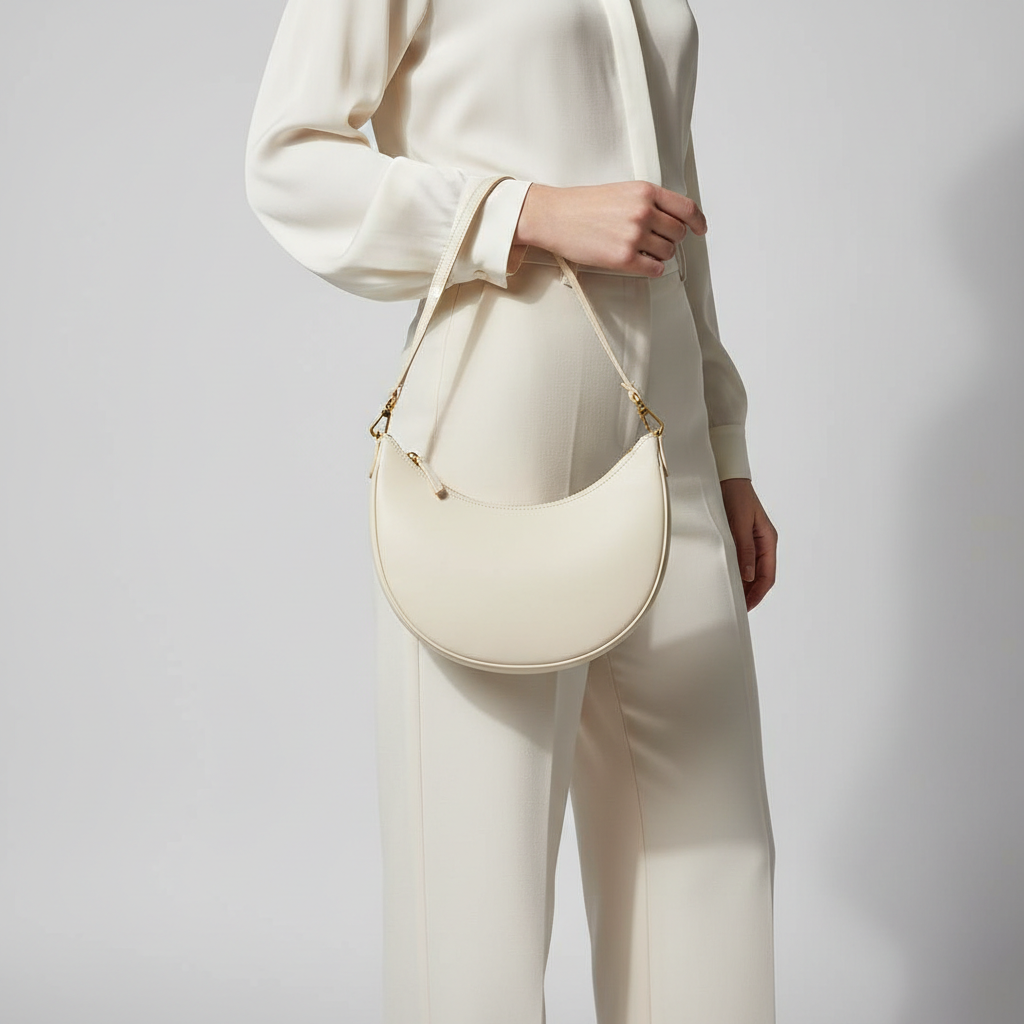 Aria Crescent Mini Bag in Cream - Female Model Carrying Bag