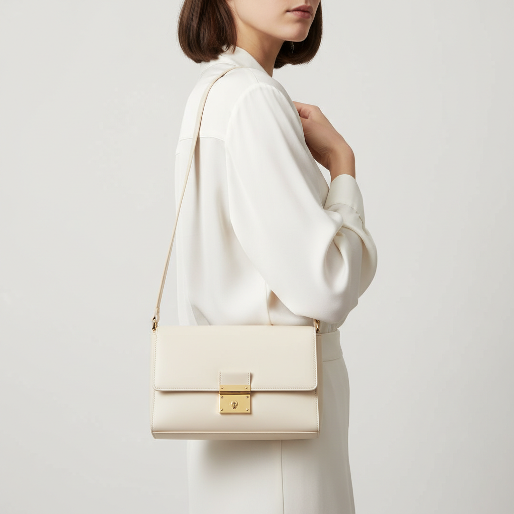 Elara Flap Shoulder Bag in Cream - Female Model Carrying Bag