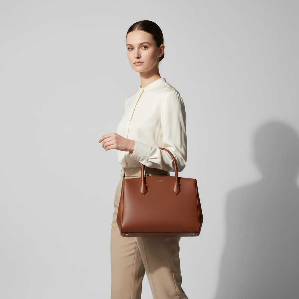 Noir Top Handle Satchel in Chocolate Brown leather, female model carrying bag