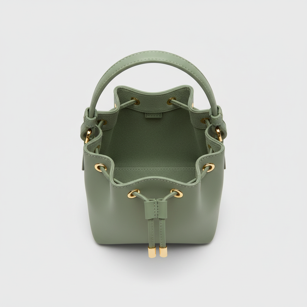 Petite Drawstring Mini Bag in Sage Green - Open Interior View