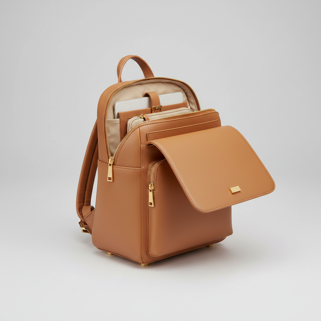 Sophia Work Backpack - Camel - Open Interior View