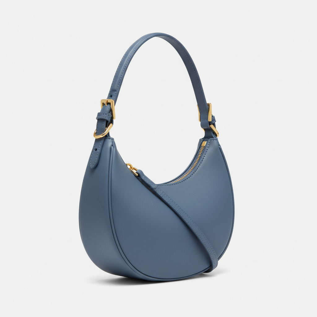 Le Gina Mini Crescent — Blue Denim Front Angle View