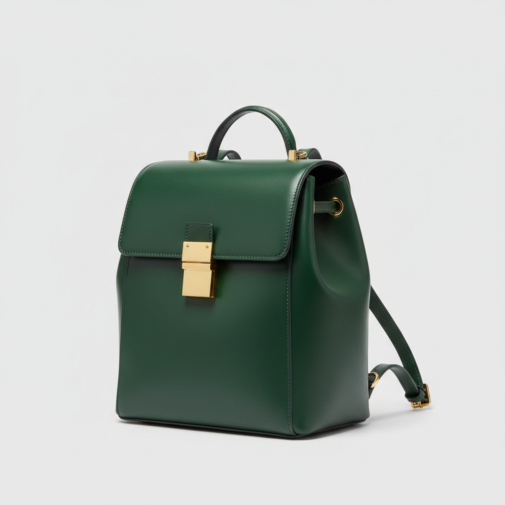 Noir Signature Backpack in Forest Green leather, front angle view