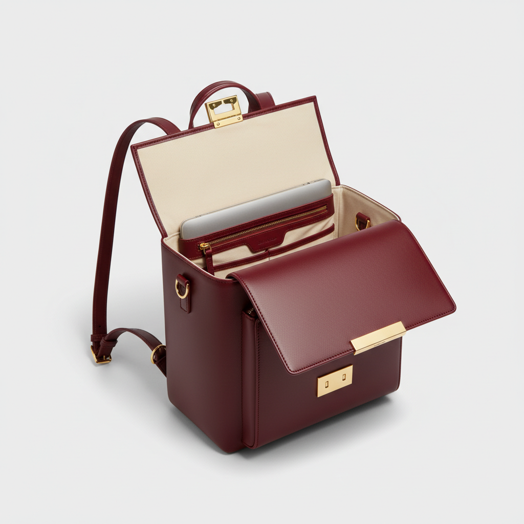 Noir Signature Backpack in Burgundy leather, open interior view