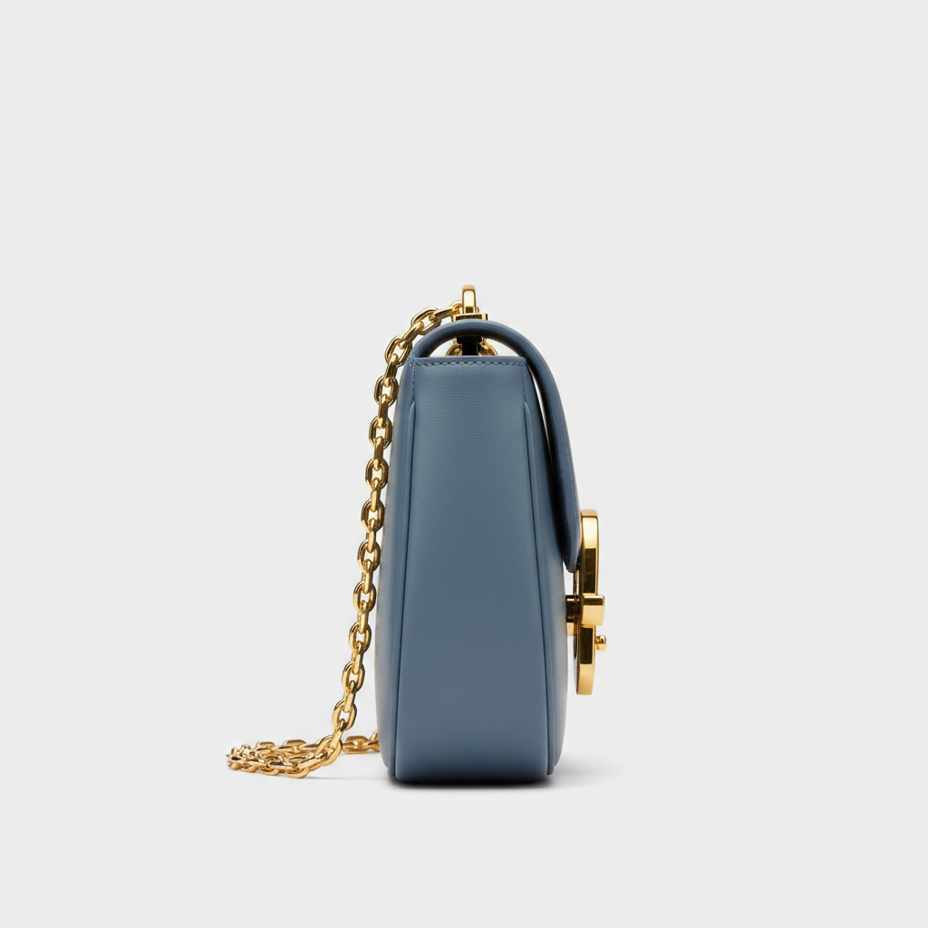 Le Gina Half Moon Bag — Blue Denim Side Profile View