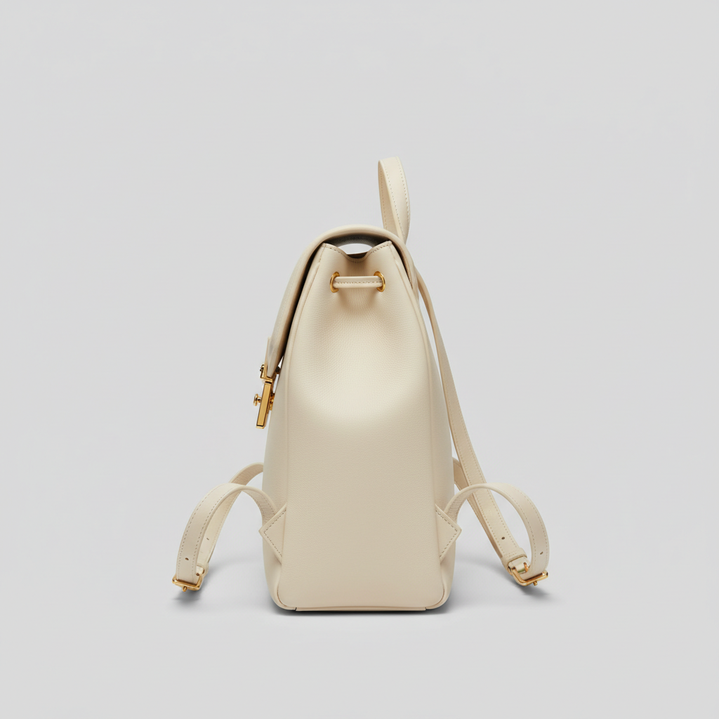 Noir Signature Backpack in Ivory leather, side profile view