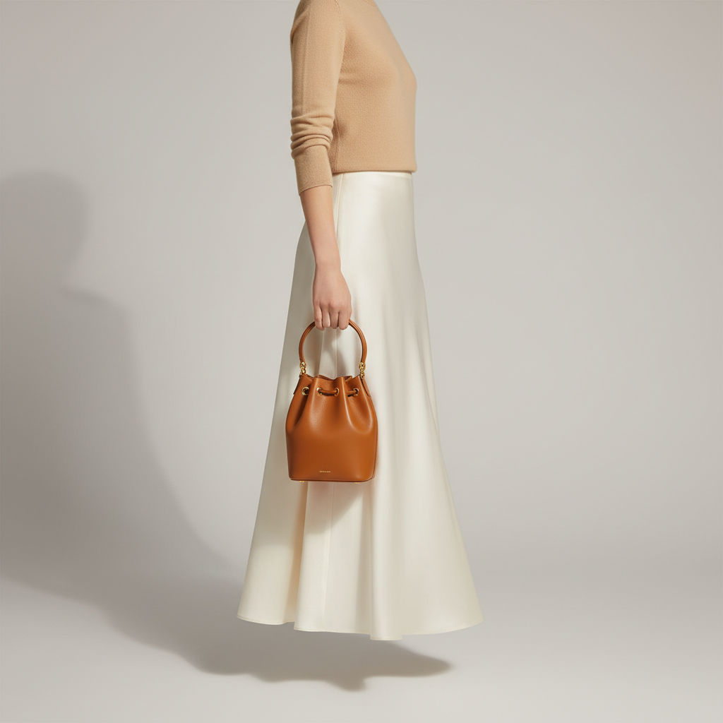 Petite Drawstring Mini Bag in Camel - Female Model Carrying Bag
