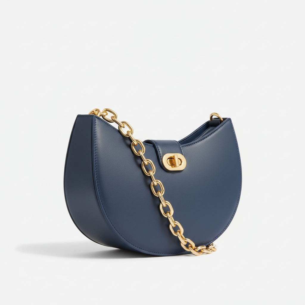 Le Gina Half Moon Bag — Blue Denim Front Angle View