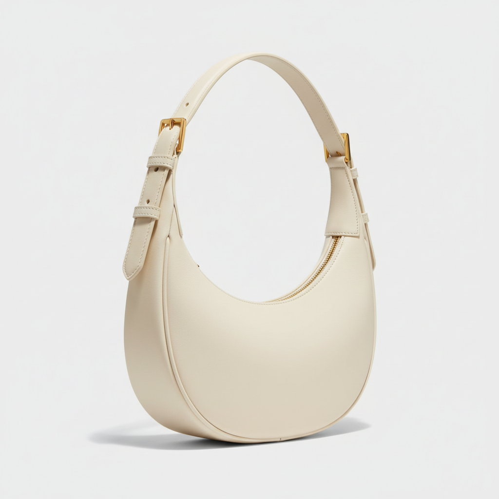 Noir Crescent Shoulder Bag in Ivory leather, side profile view
