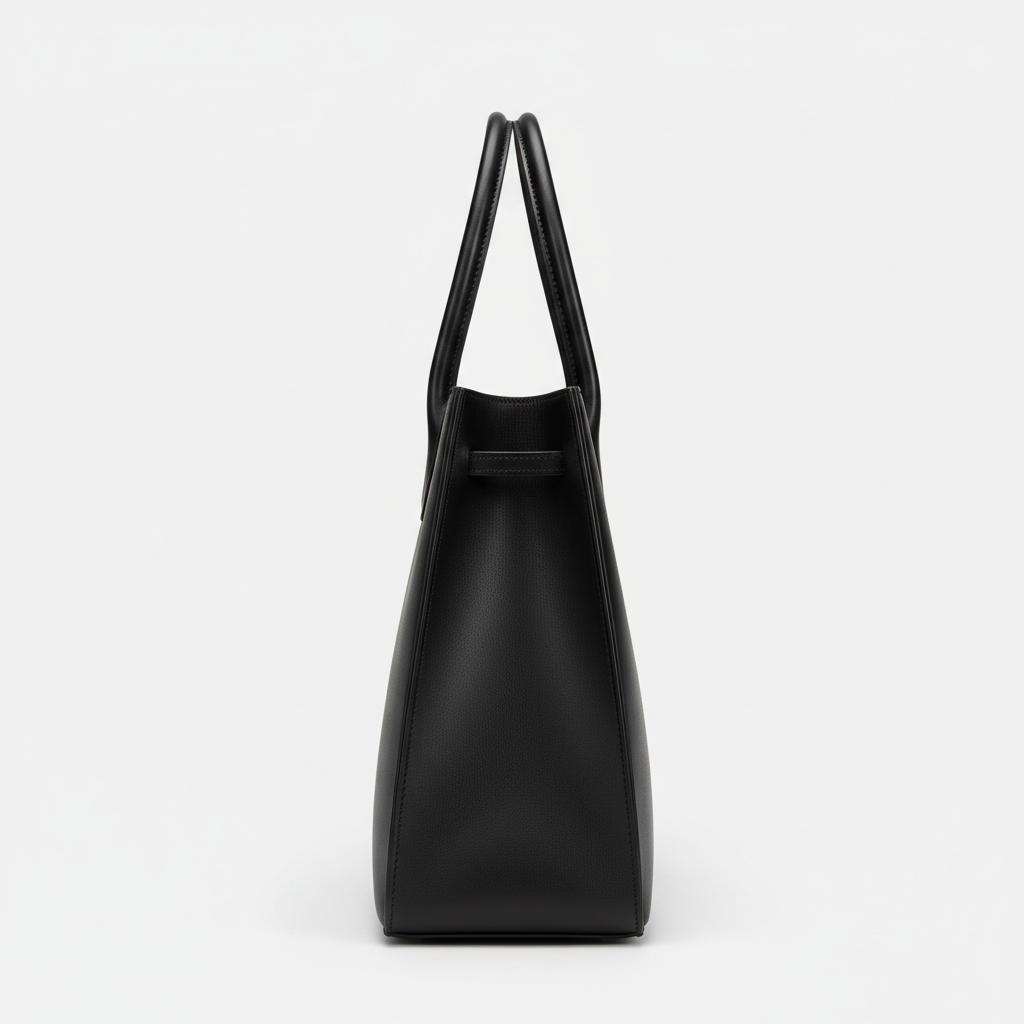 Noir Executive Tote in Black leather, side profile view