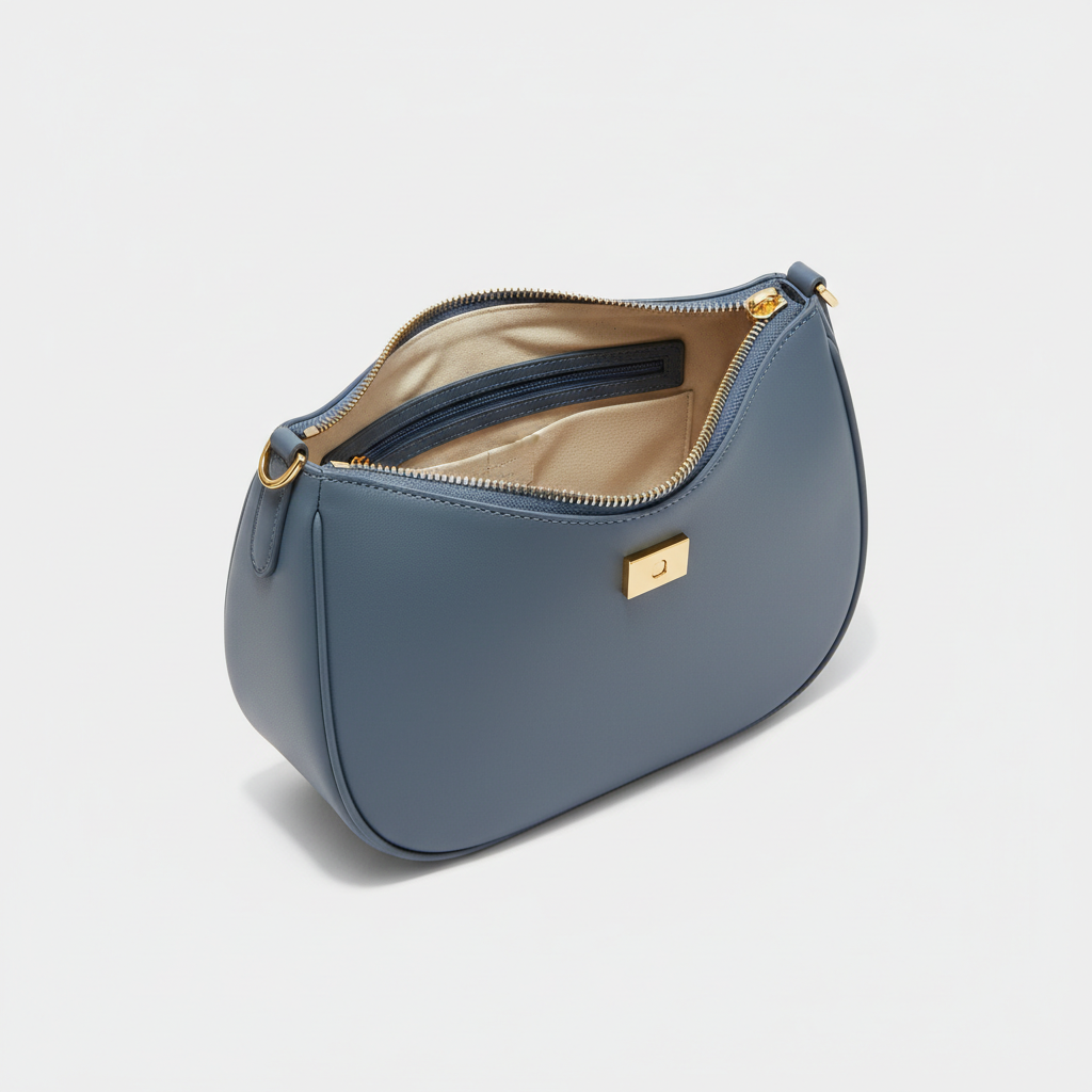 Le Gina Half Moon Bag — Blue Denim Open Interior View