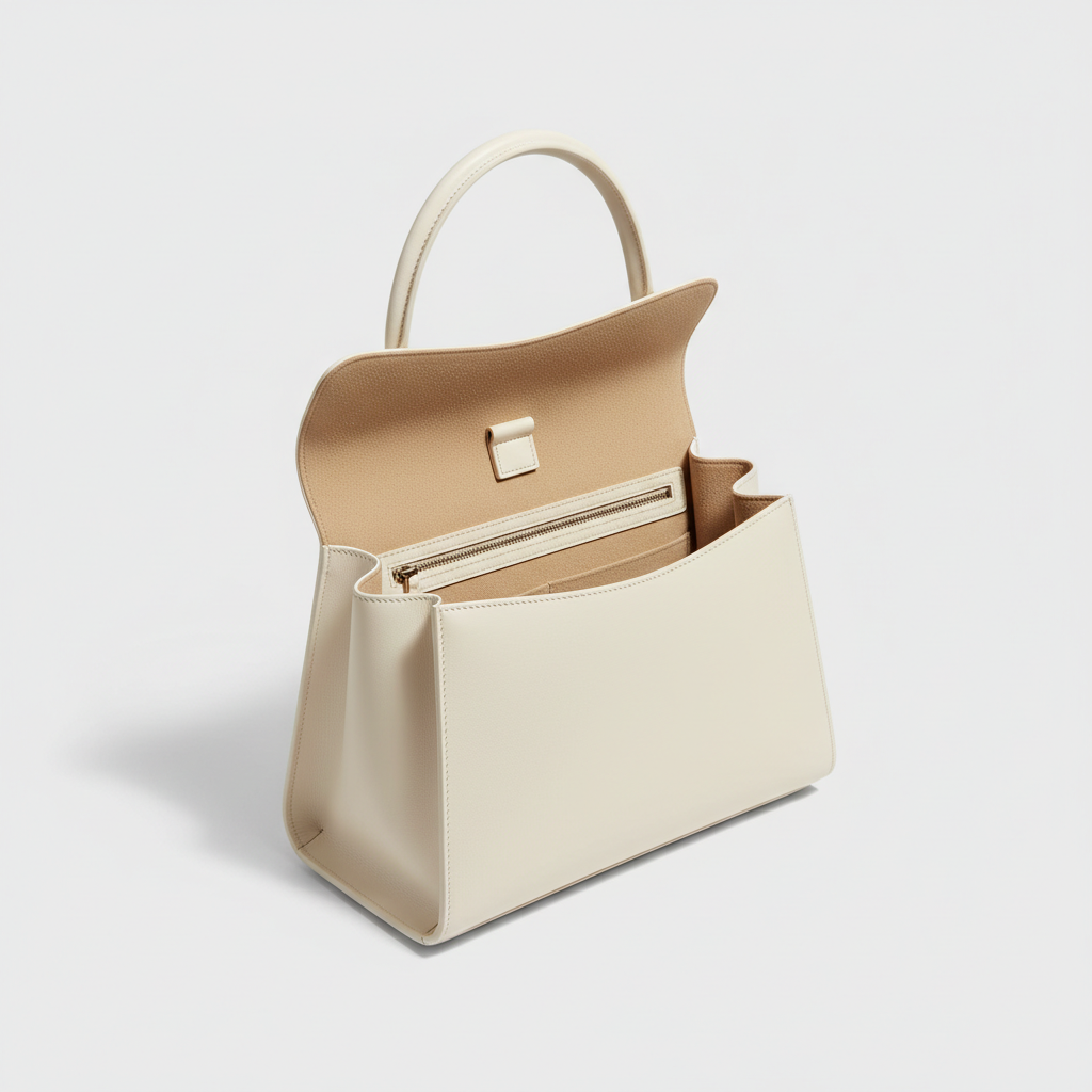 Noir Top Handle Satchel in Ivory leather, open interior view