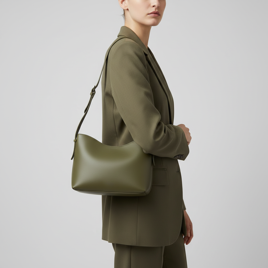 Nova Everyday Shoulder Bag in Olive Green - Female Model Carrying Bag