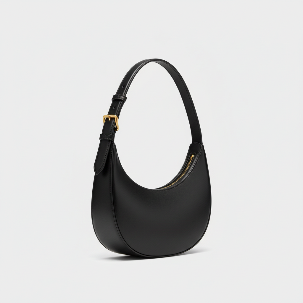 Noir Crescent Shoulder Bag in Black leather, side profile view