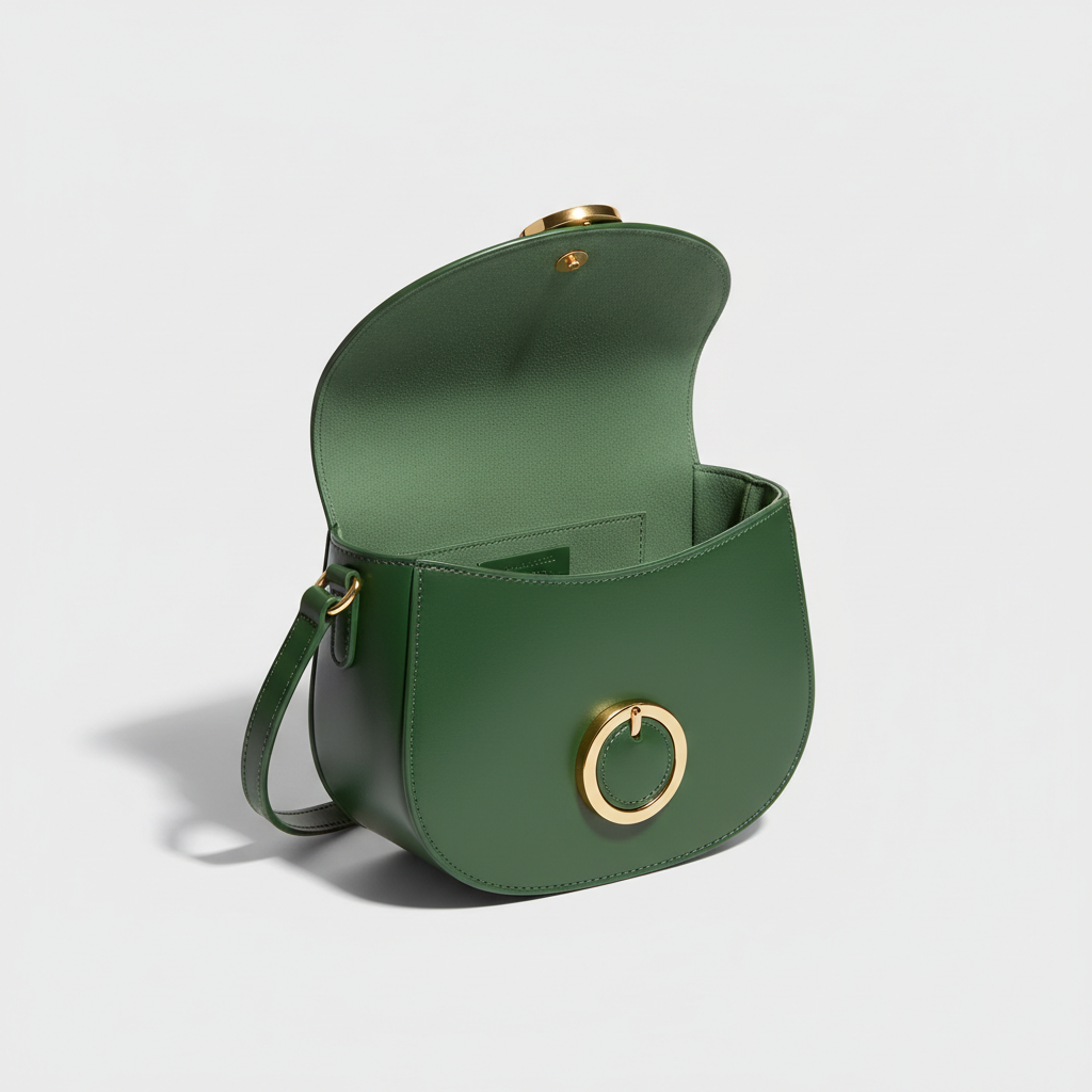 Stella Saddle Shoulder Bag in Forest Green – Open Interior View
