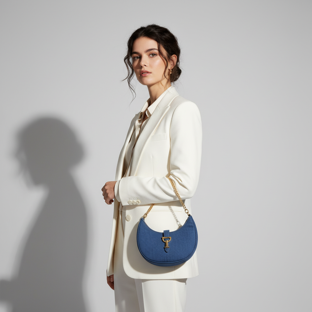 Le Gina Mini Crescent — Blue Denim Female Model