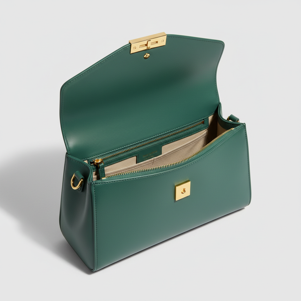 Le Gina East-West Bag — Petrol Green Open Interior View