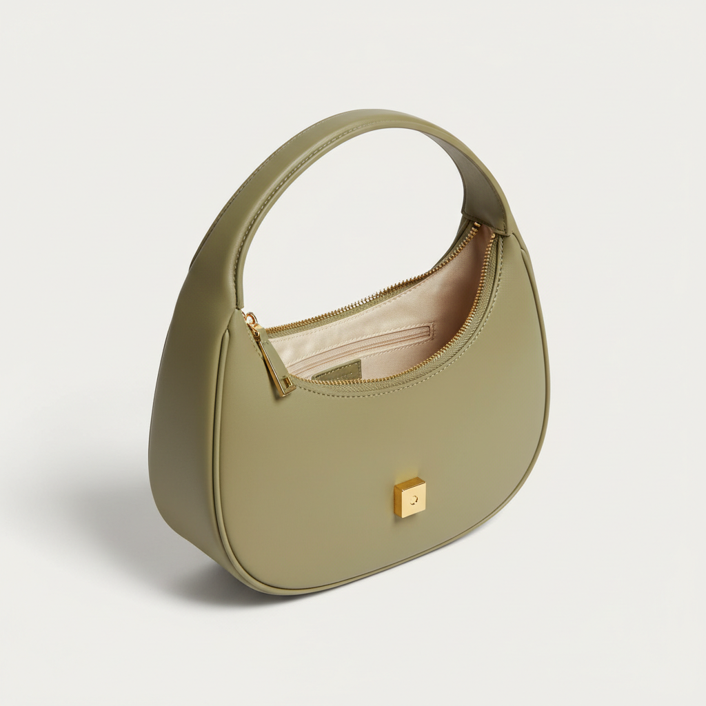 Le Gina Crescent Shoulder Bag — Almond Green Open Interior View
