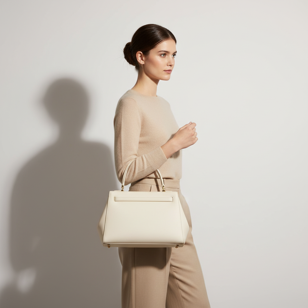 Noir Top Handle Satchel in Ivory leather, female model carrying bag