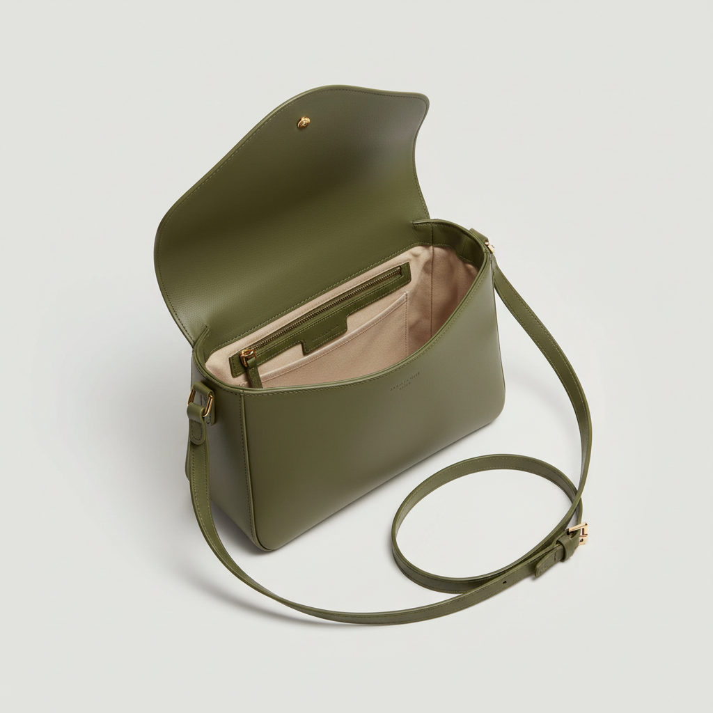 Nova Everyday Shoulder Bag in Olive Green - Open Interior View
