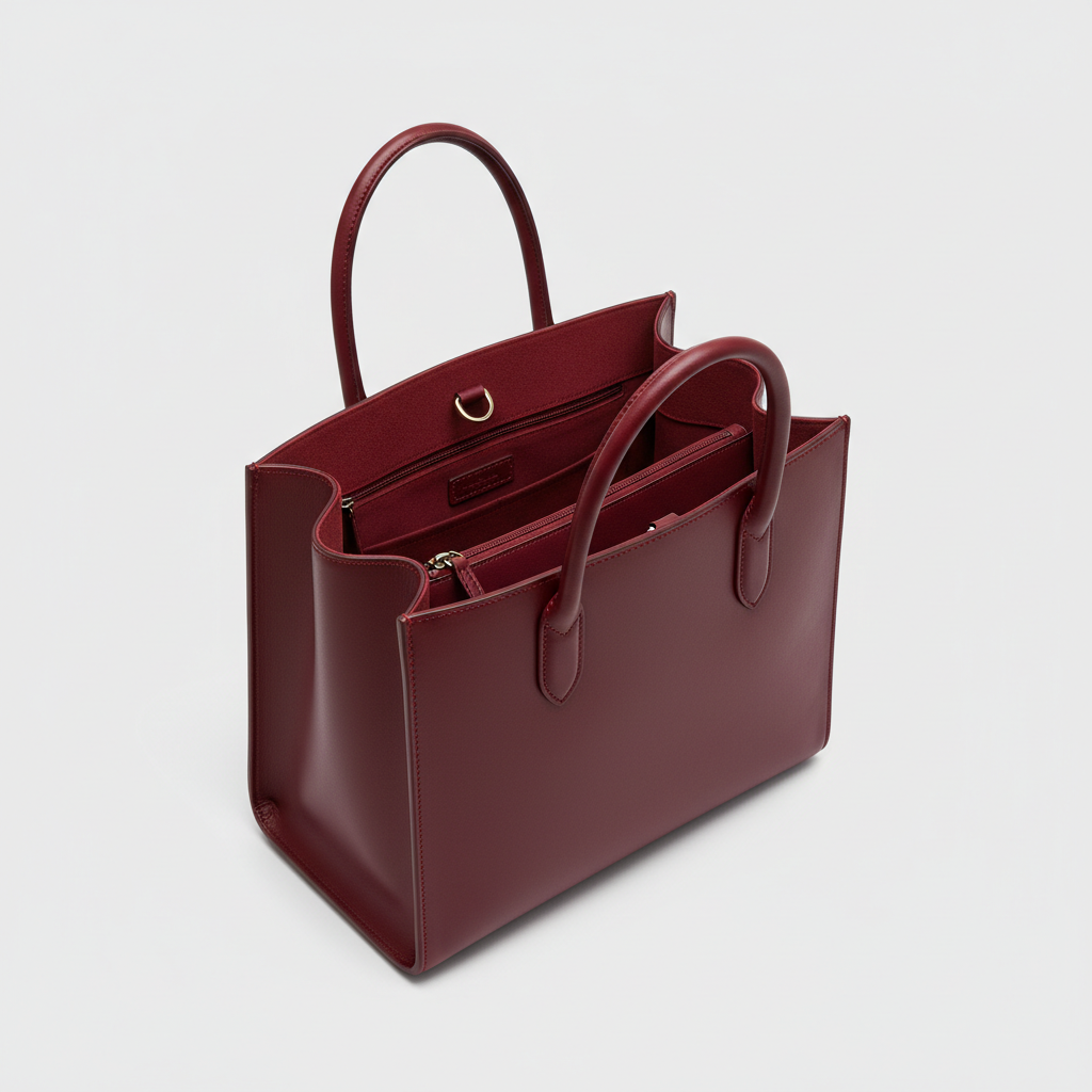 Noir Executive Tote in Burgundy leather, open interior view