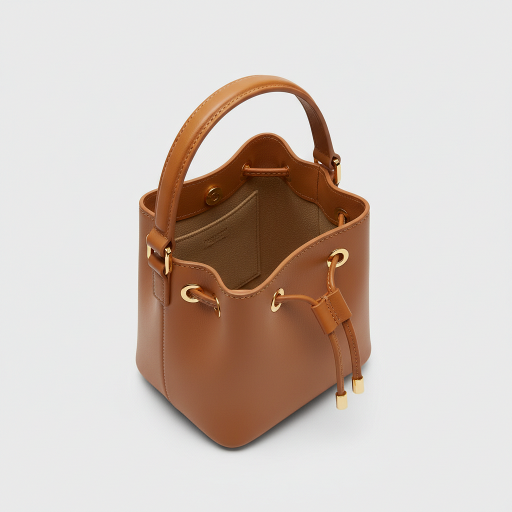 Petite Drawstring Mini Bag in Camel - Open Interior View