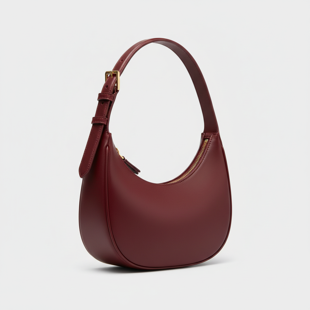 Noir Crescent Shoulder Bag in Burgundy leather, side profile view