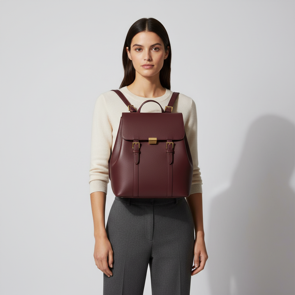 Noir Signature Backpack in Burgundy leather, female model wearing backpack
