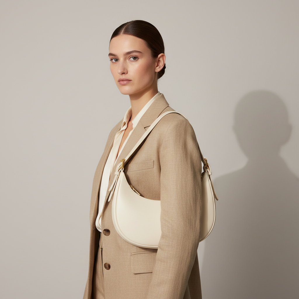 Noir Crescent Shoulder Bag in Ivory leather, female model carrying bag