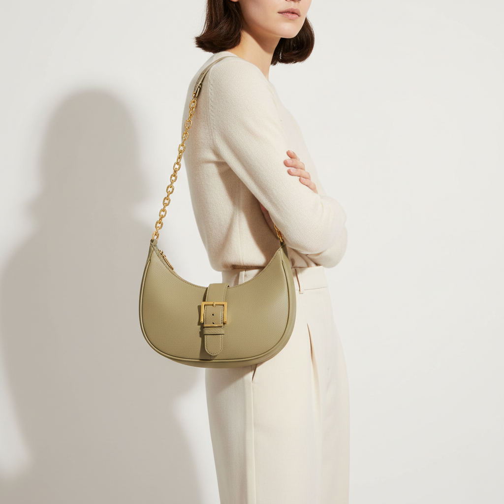 Le Gina Crescent Shoulder Bag — Almond Green Female Model