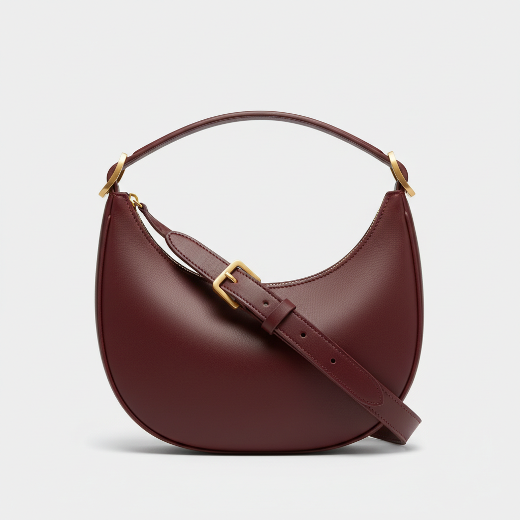 Noir Crescent Shoulder Bag in Burgundy leather, hero front view