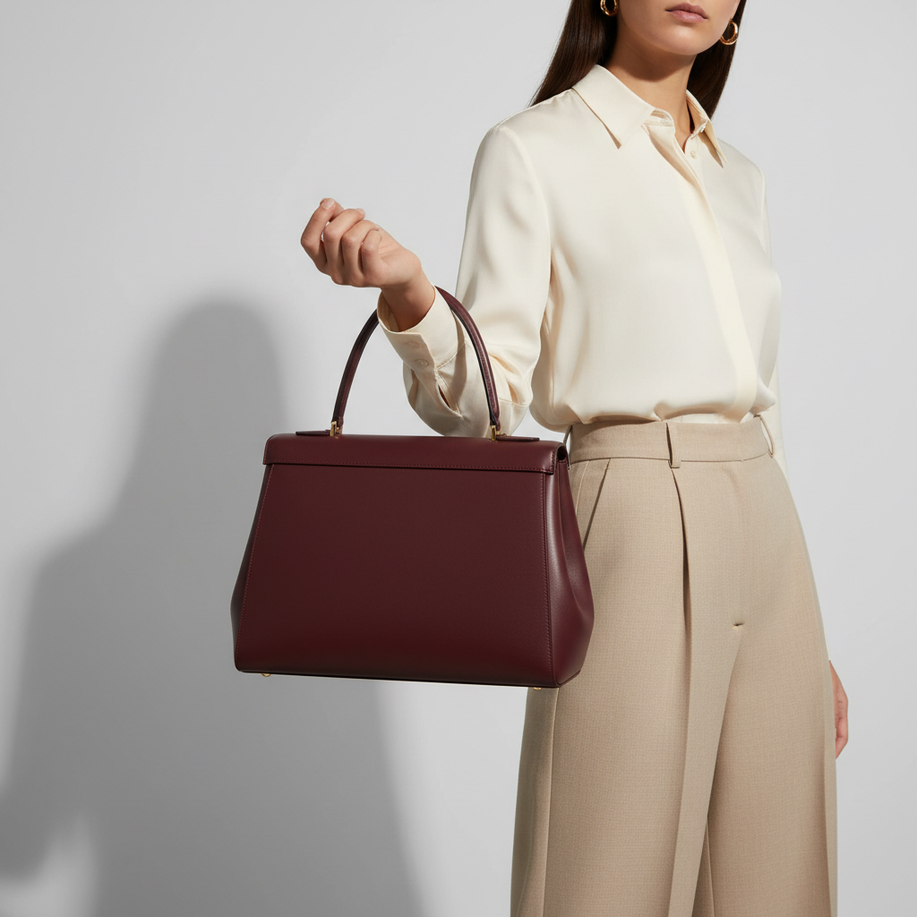 Noir Top Handle Satchel in Burgundy leather, female model carrying bag