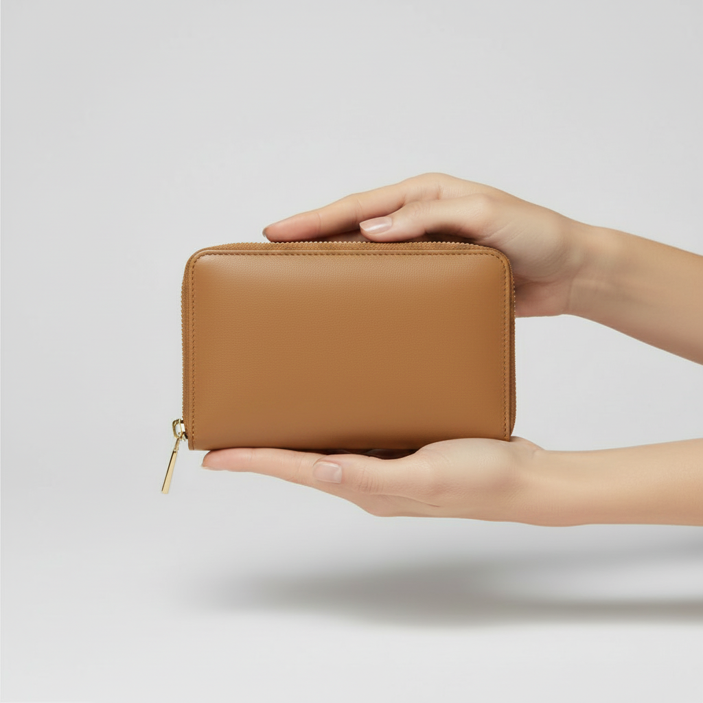 Amelia Zip Wallet Camel — Model Shot