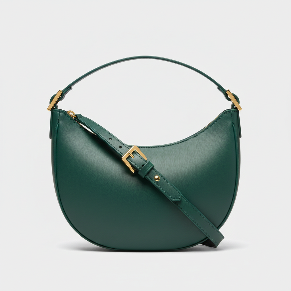 Noir Crescent Shoulder Bag in Petrol Green leather, hero front view