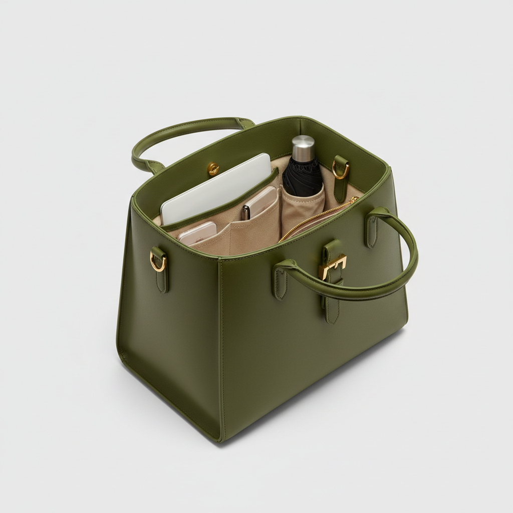 Amelia Office Tote - Olive Green - Open Interior View
