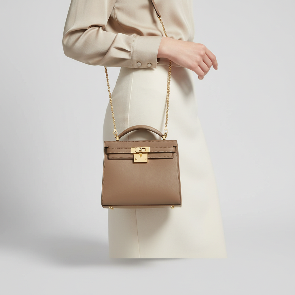 Stella Box Mini Bag in Taupe - Female Model Carrying Bag