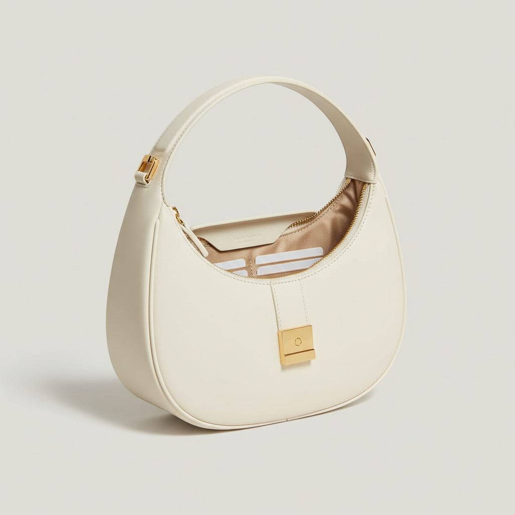 Le Gina Crescent Shoulder Bag — Ivory Open Interior View