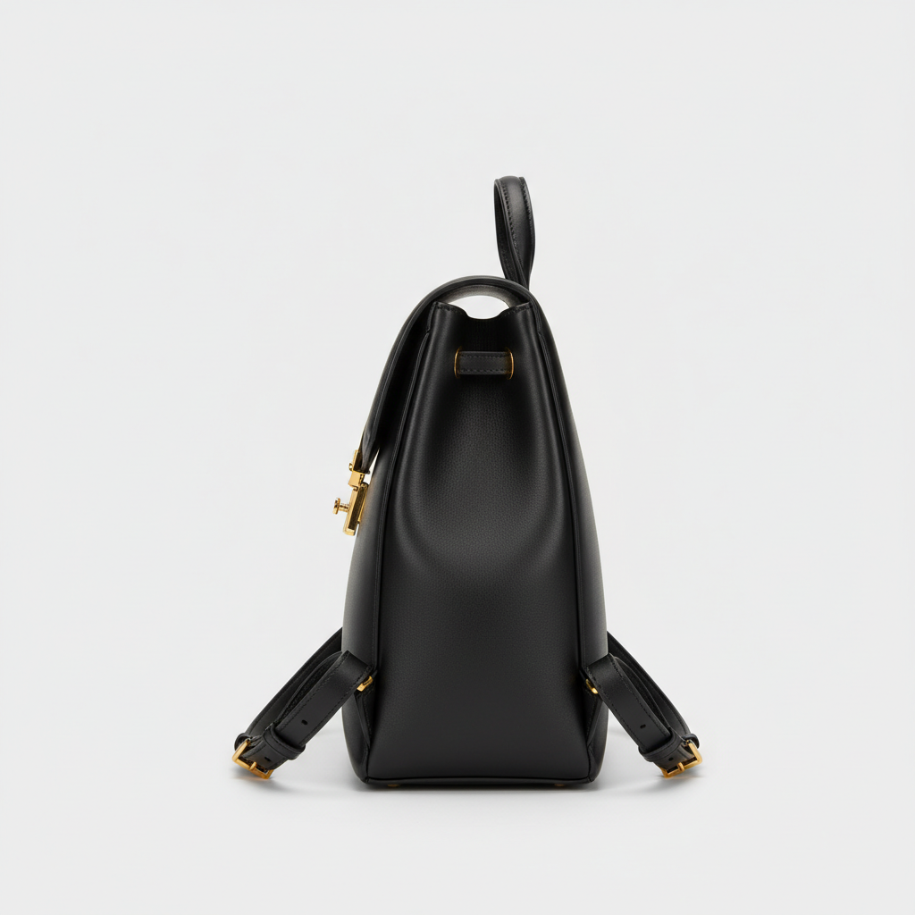 Noir Signature Backpack in Black leather, side profile view