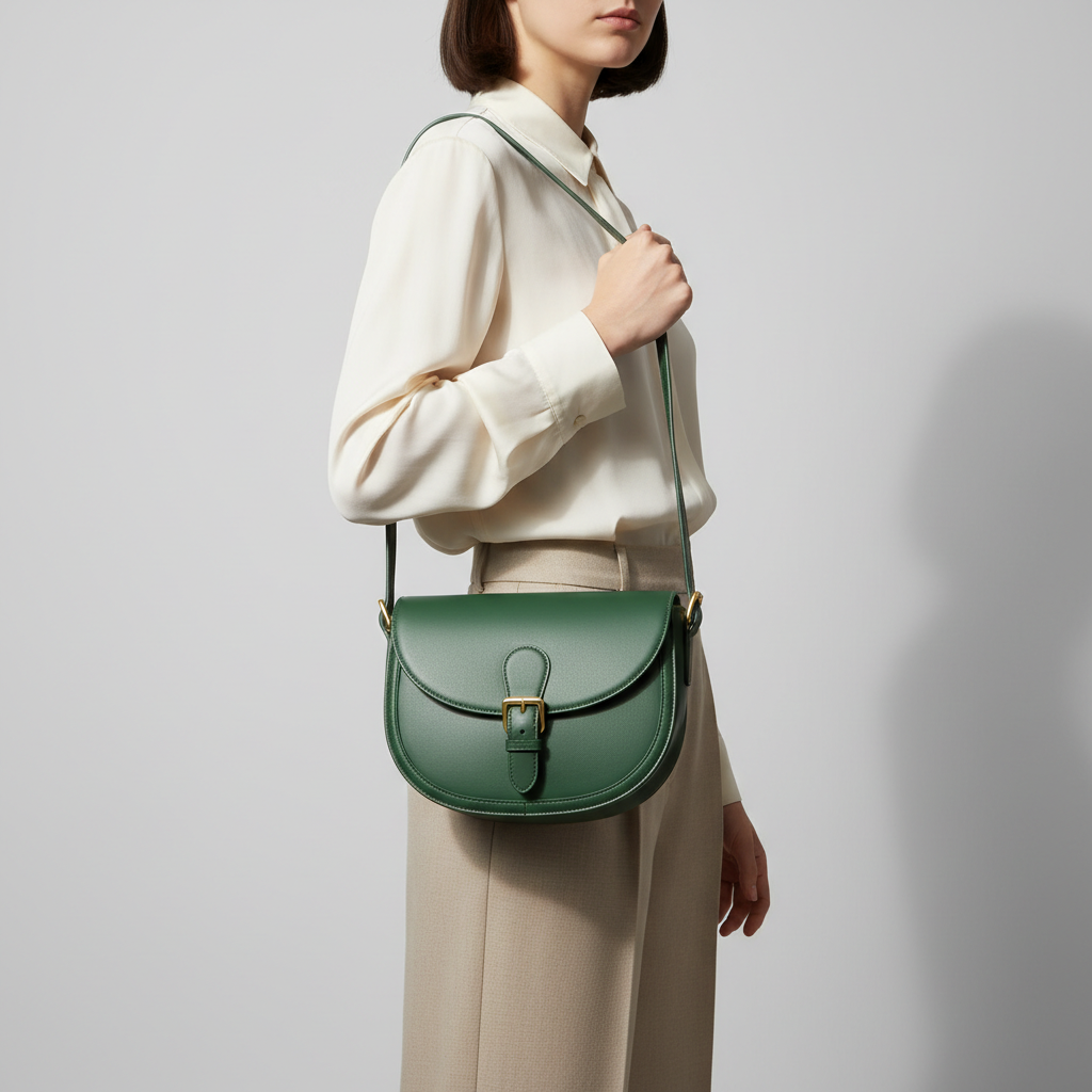 Stella Saddle Shoulder Bag in Forest Green – Female Model