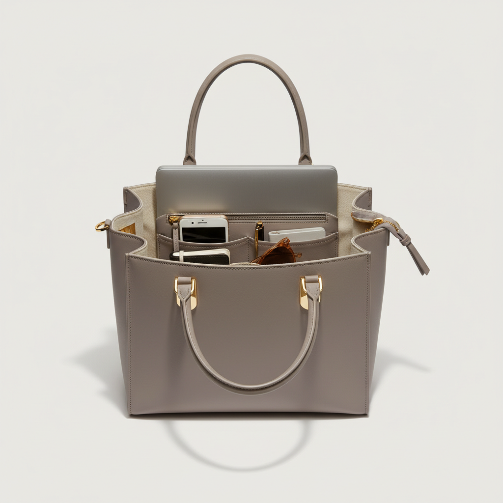 Stella Laptop Tote - Stone Grey - Open Interior View