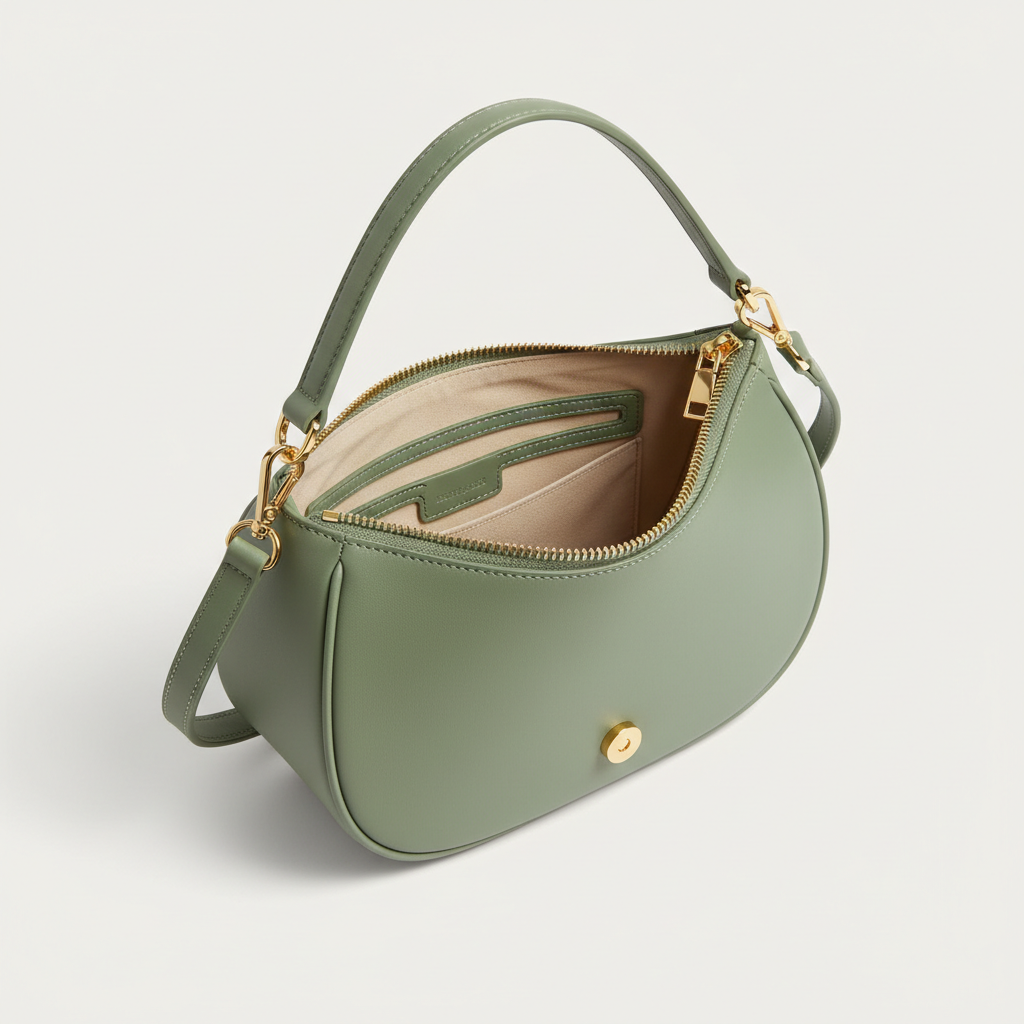 Le Gina Half Moon Bag — Sage Green Open Interior View