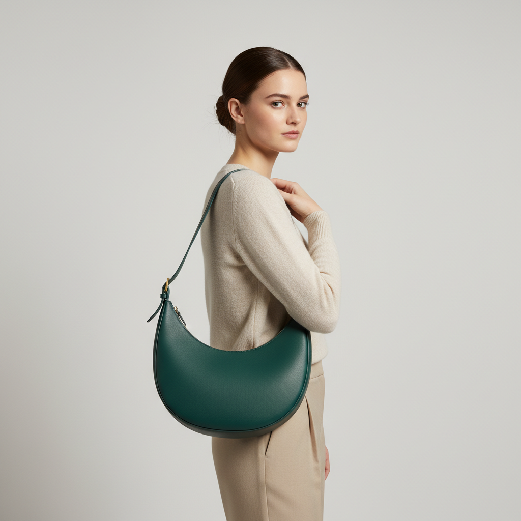 Noir Crescent Shoulder Bag in Petrol Green leather, female model carrying bag