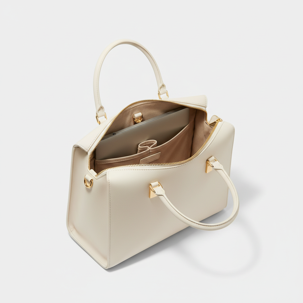 Stella Laptop Tote - Ivory - Open Interior View