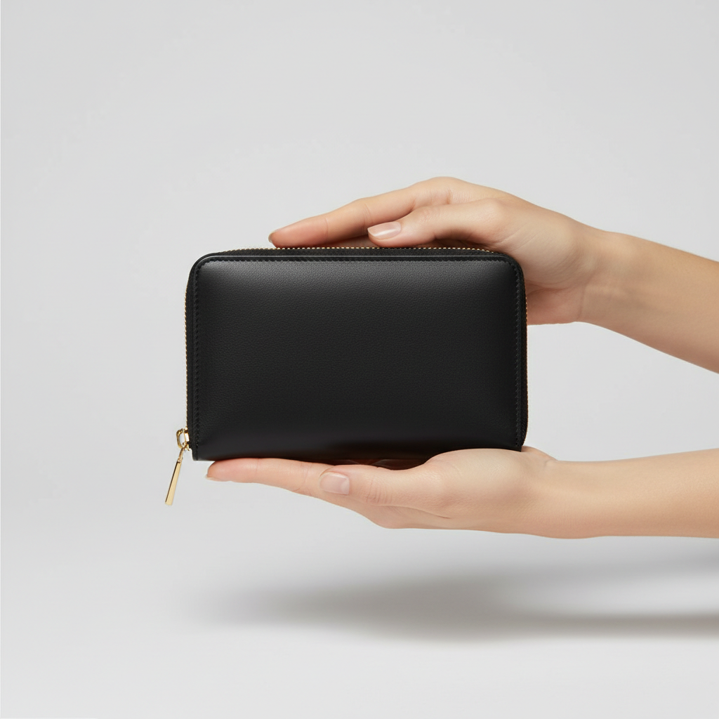 Amelia Zip Wallet Black — Model Shot