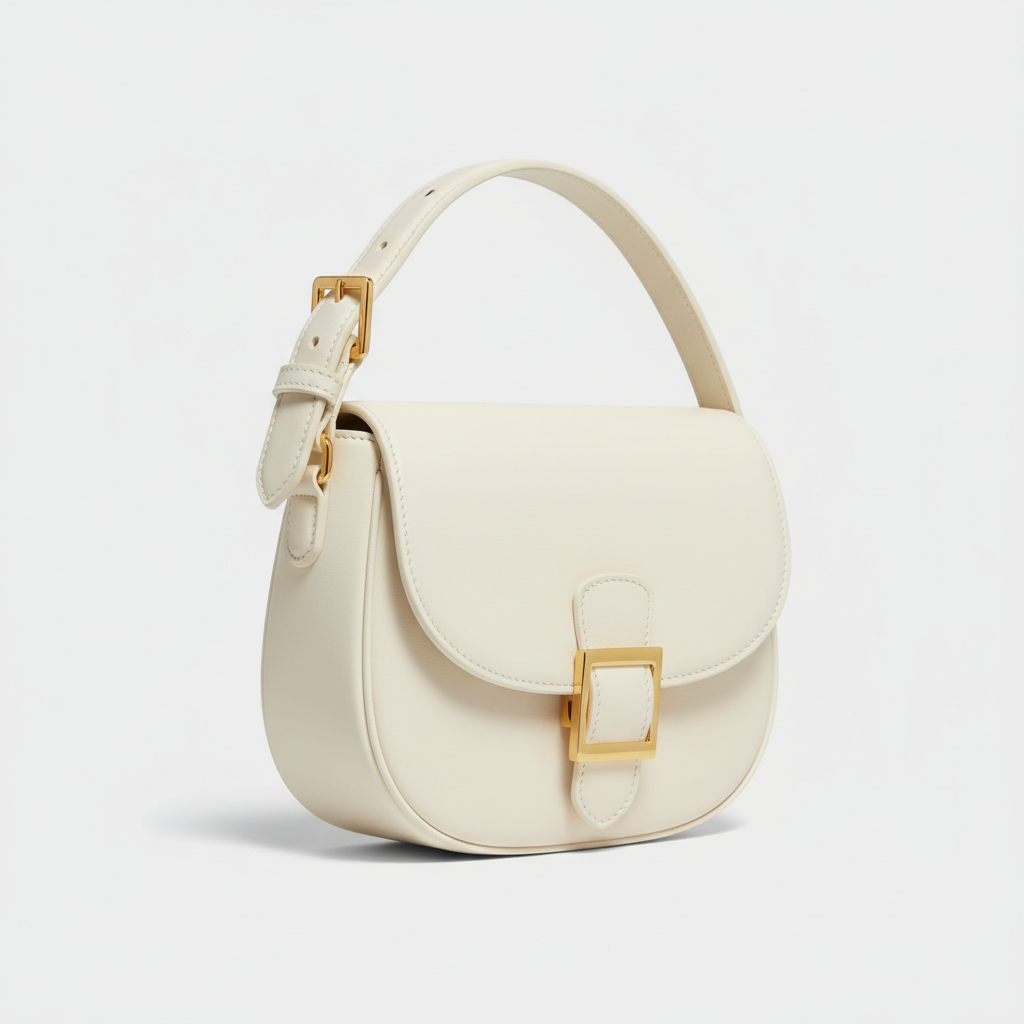 Stella Saddle Shoulder Bag in Ivory White – Front Angle View