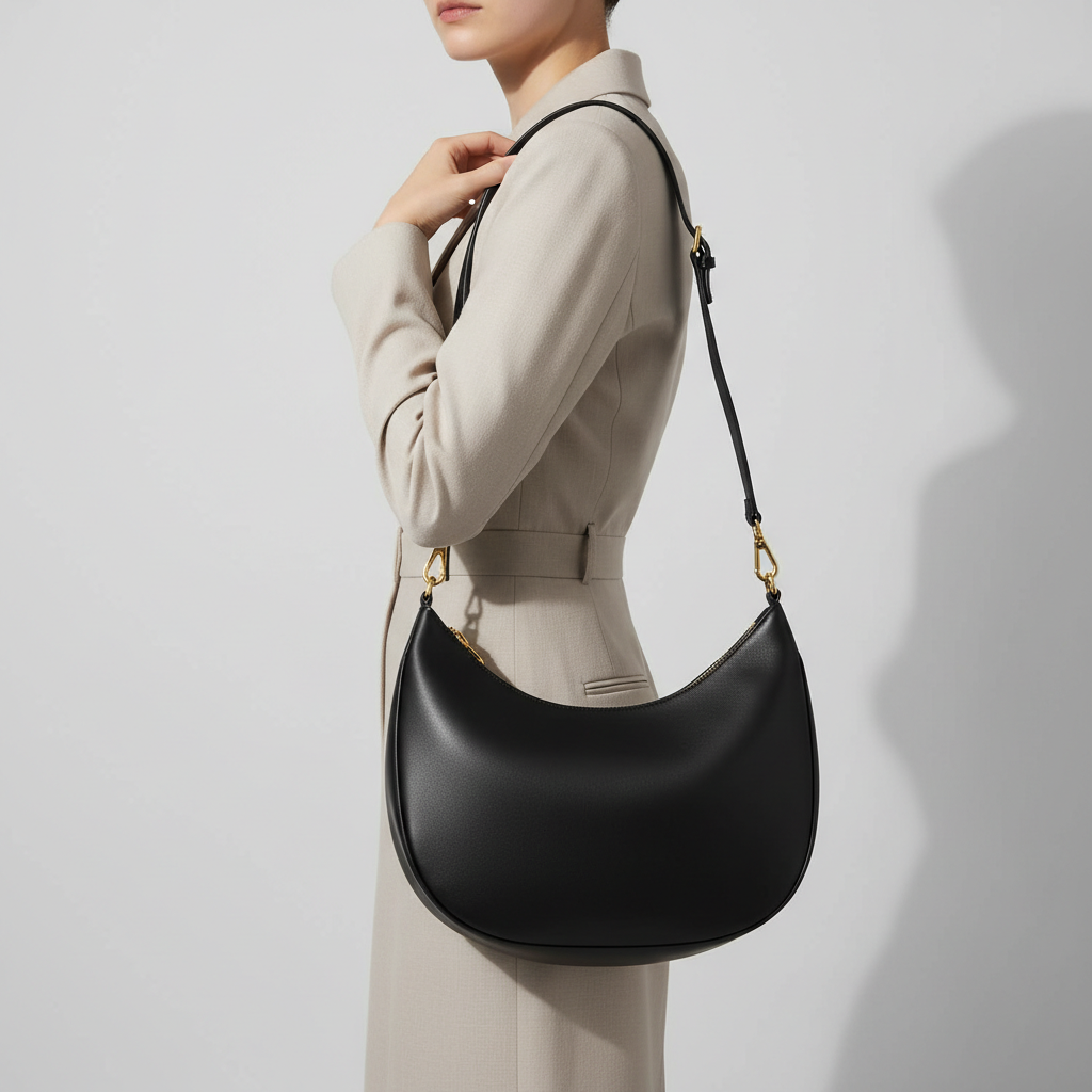 Noir Crescent Shoulder Bag in Black leather, female model carrying bag